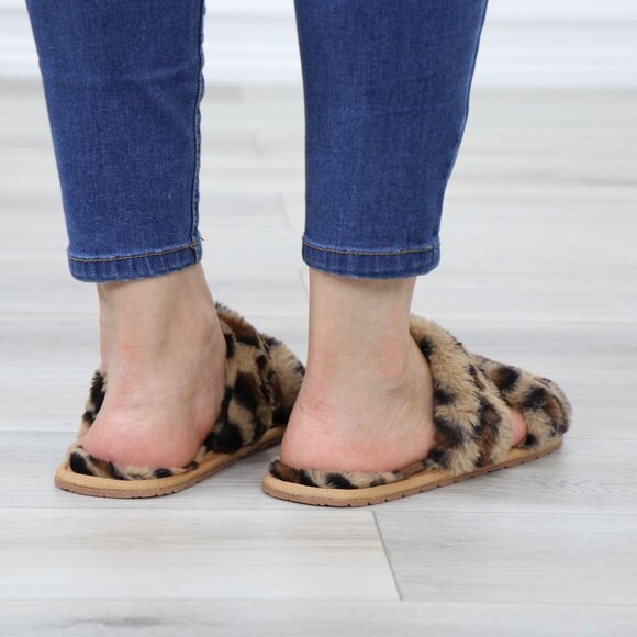 Leopard Tan Puff Fuzzy Fluffy Slip On Plush Slippers Double Strap - Picture 10 of 16